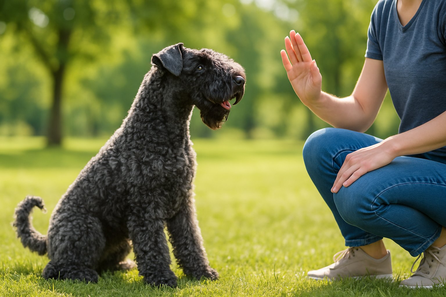 A Kerry Blue Terrier sitting on grass attentively while a person kneels nearby giving training commands in a sunny park.