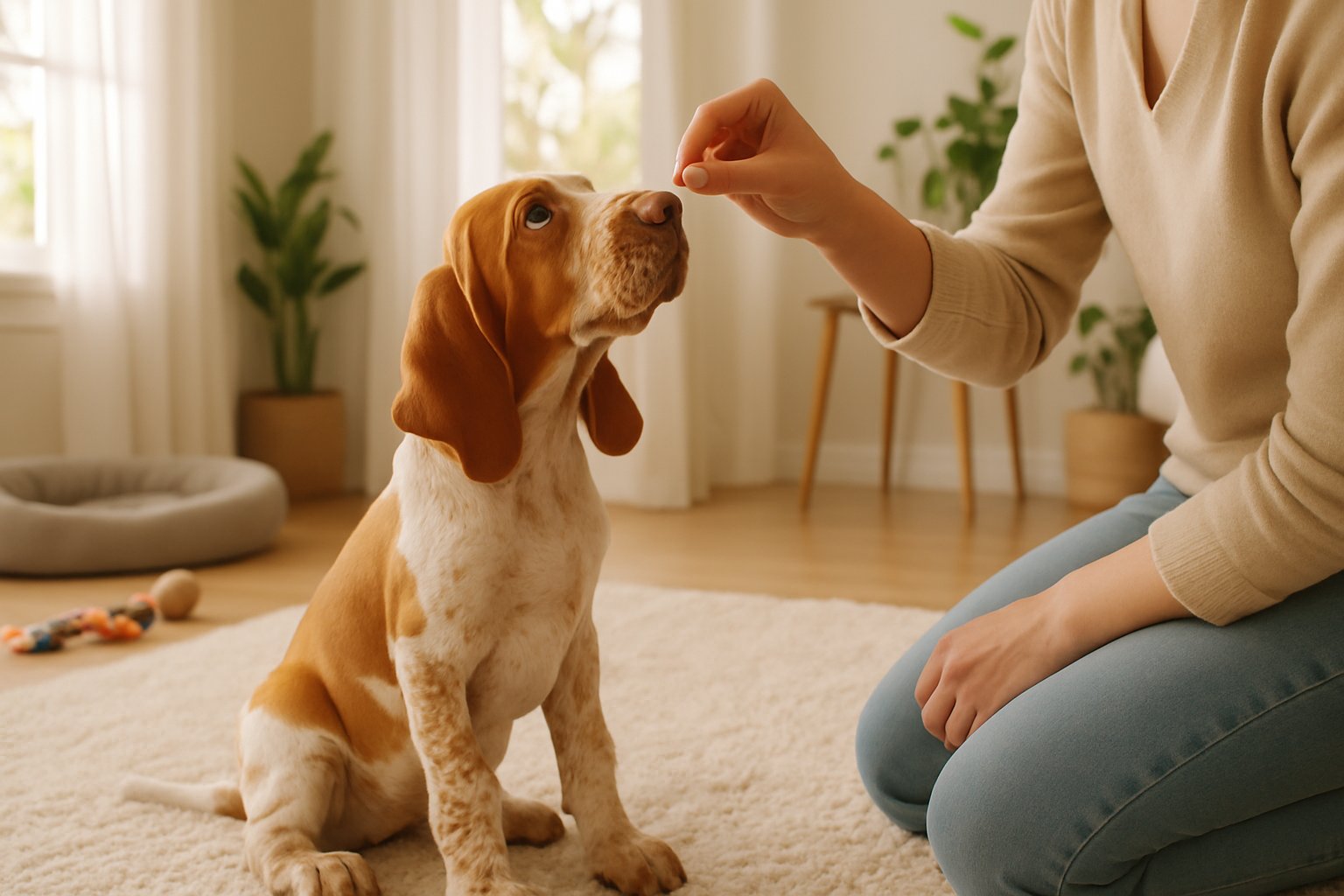 A person training a Bracco Italiano puppy sitting attentively on a rug in a bright living room.