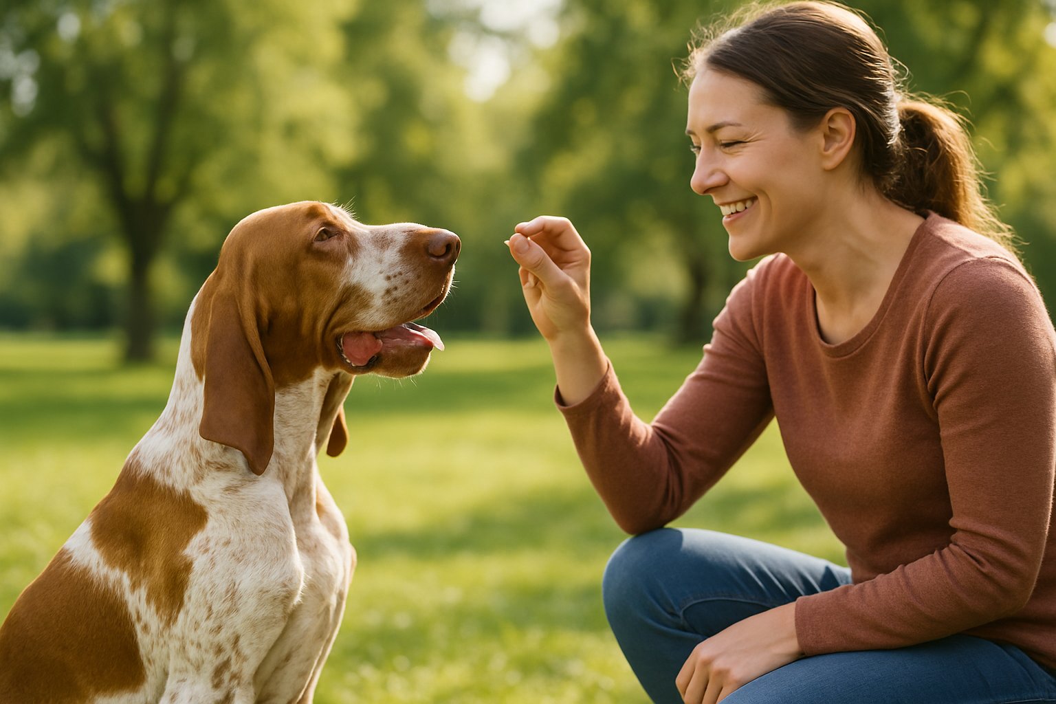 A Bracco Italiano dog sitting obediently outdoors while a person offers it a treat and praises it.