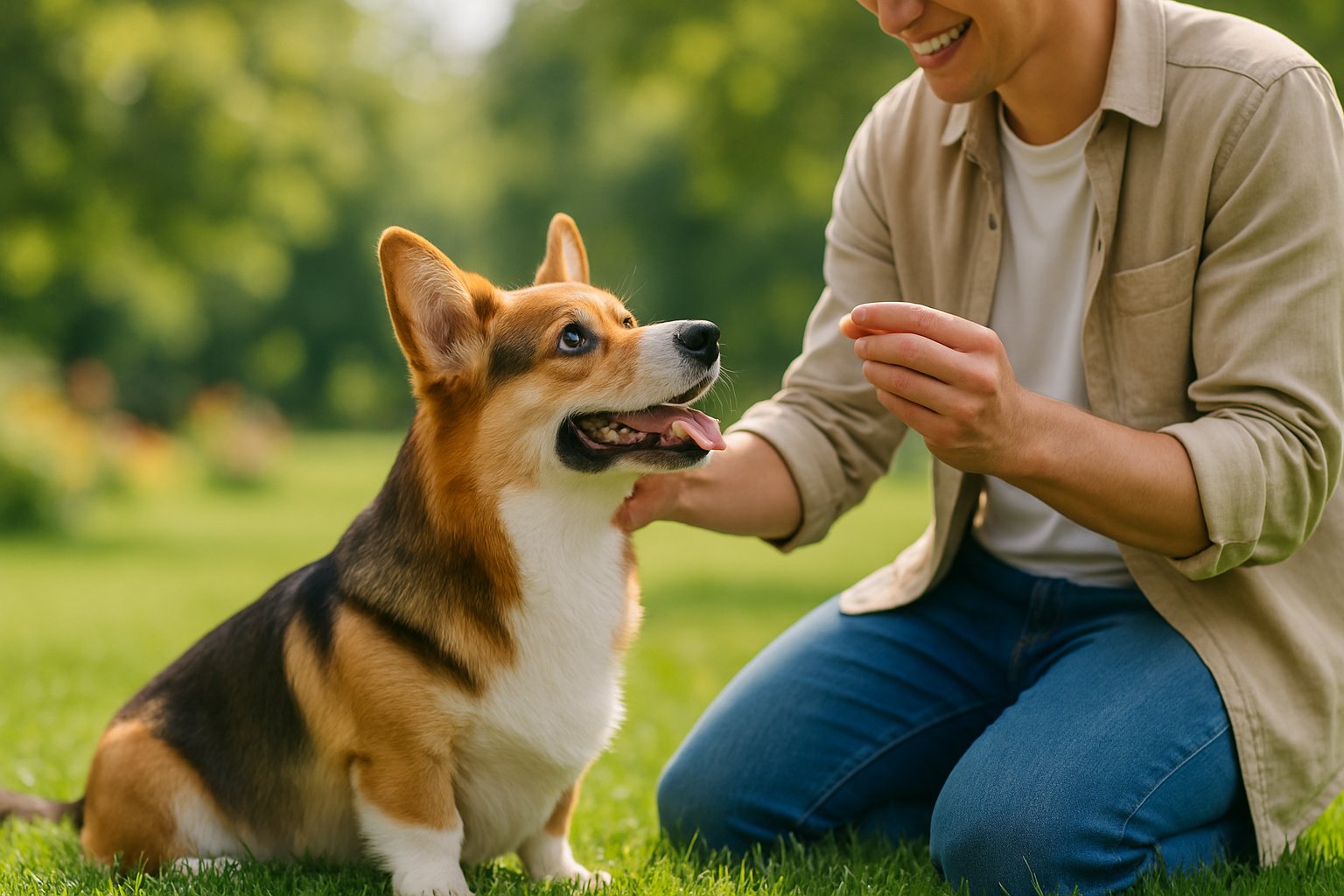 A person kneeling beside a happy Cardigan Welsh Corgi on grass, giving it a treat and praise during training.