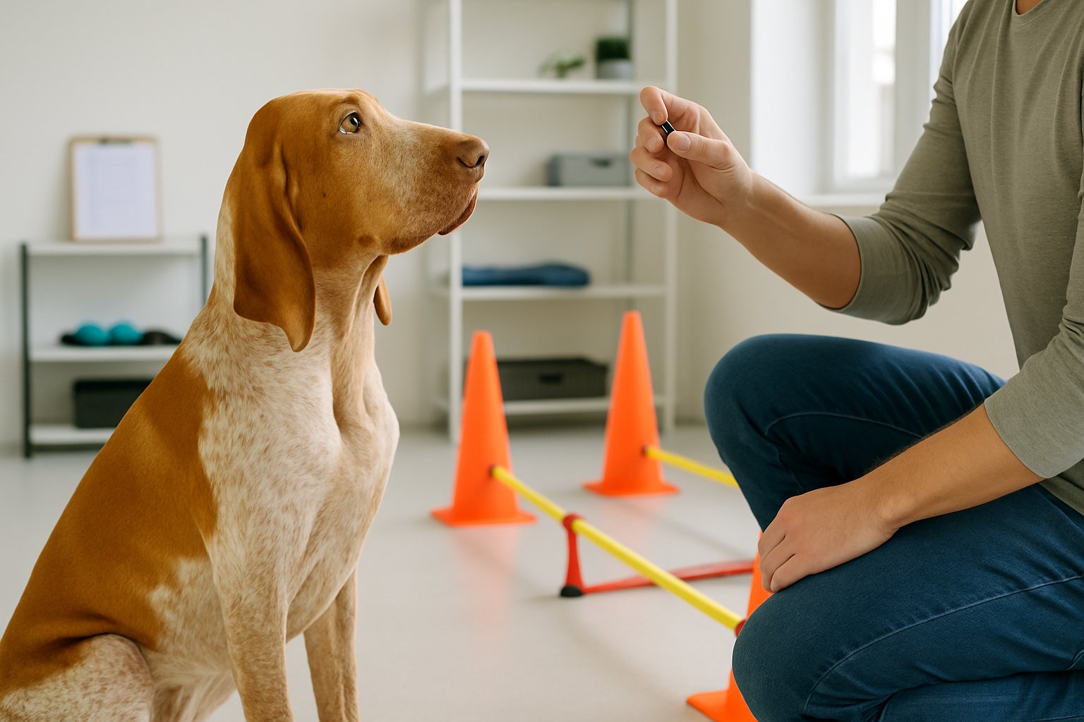 A Bracco Italiano dog sitting attentively next to a trainer in a bright training room with training equipment visible.
