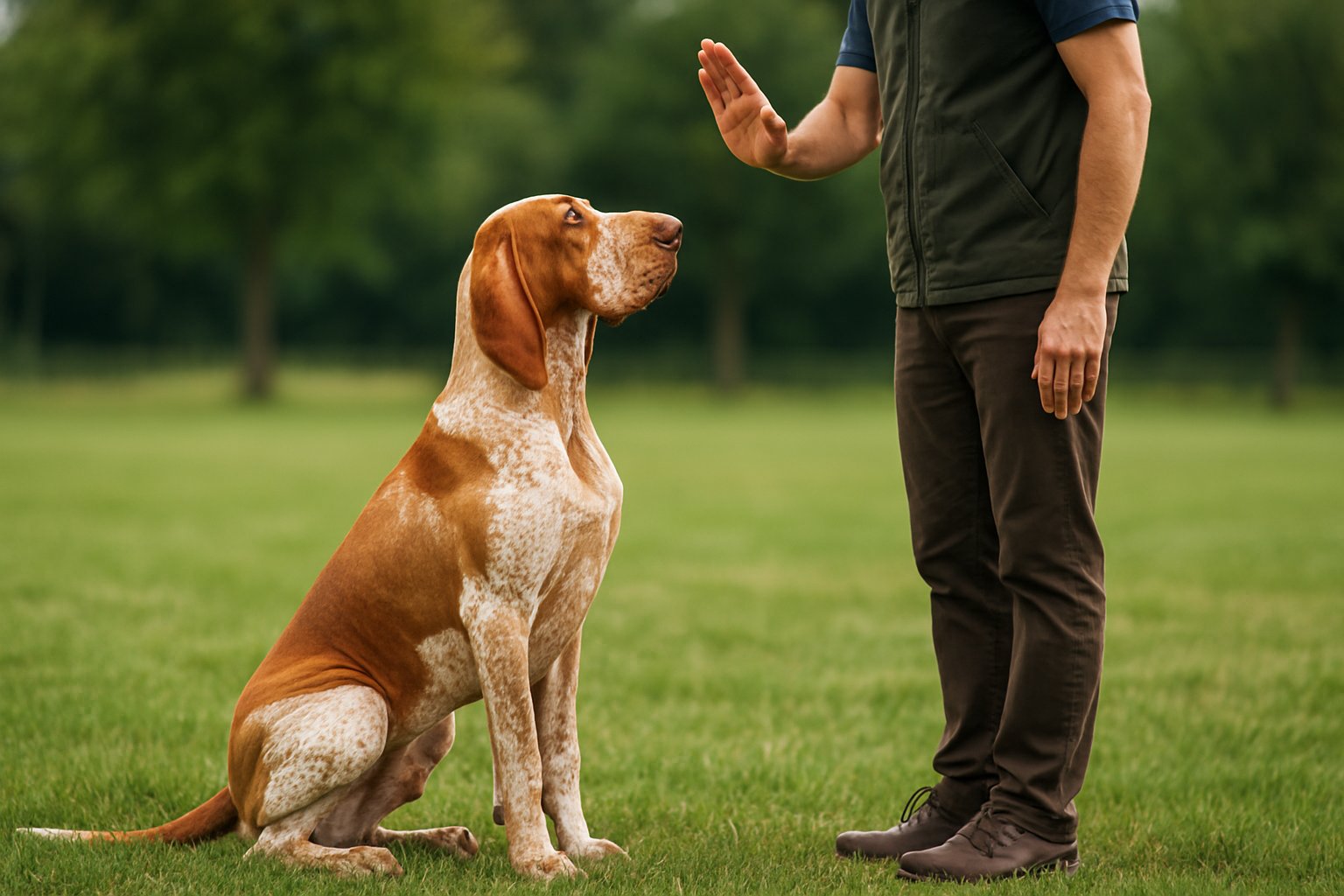 A Bracco Italiano dog sitting obediently next to a dog trainer in a grassy outdoor area.