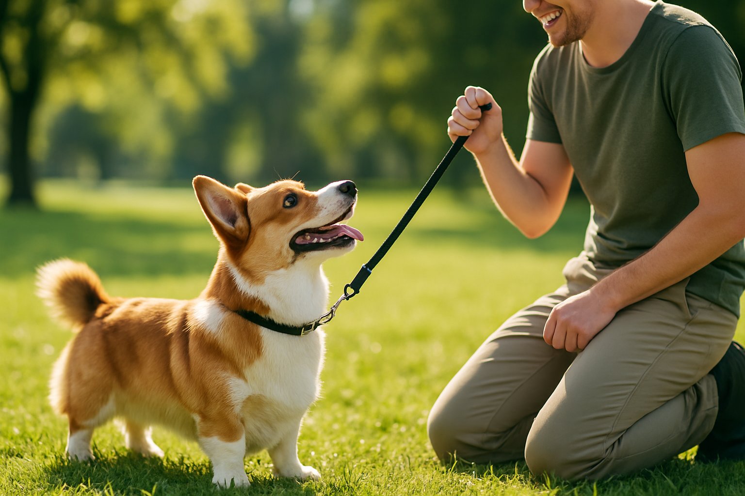 A Cardigan Welsh Corgi on a leash attentively looking at a trainer in a sunny park.