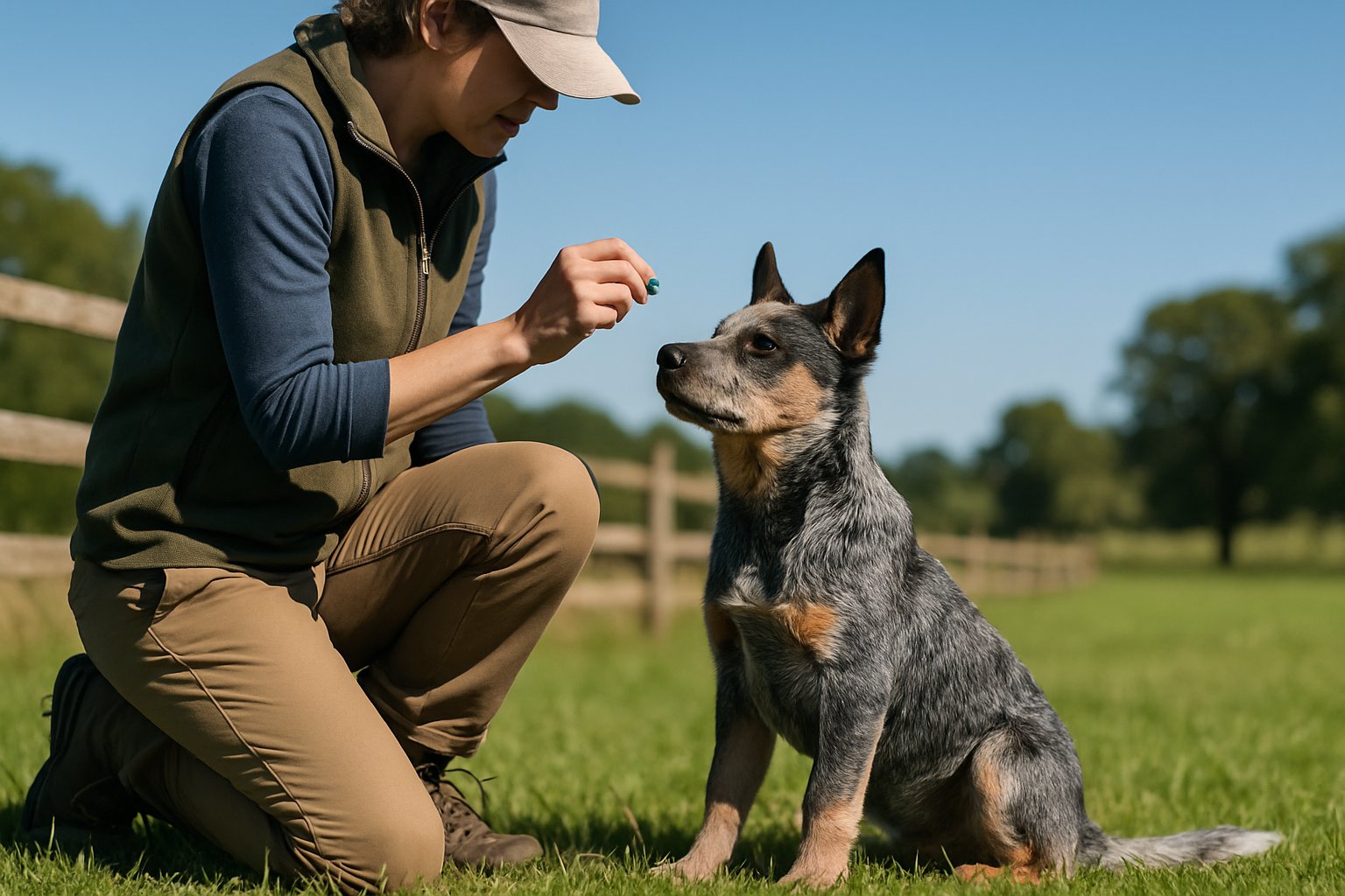 A person training a young Australian Stumpy Tail Cattle dog puppy outdoors in a grassy rural area.