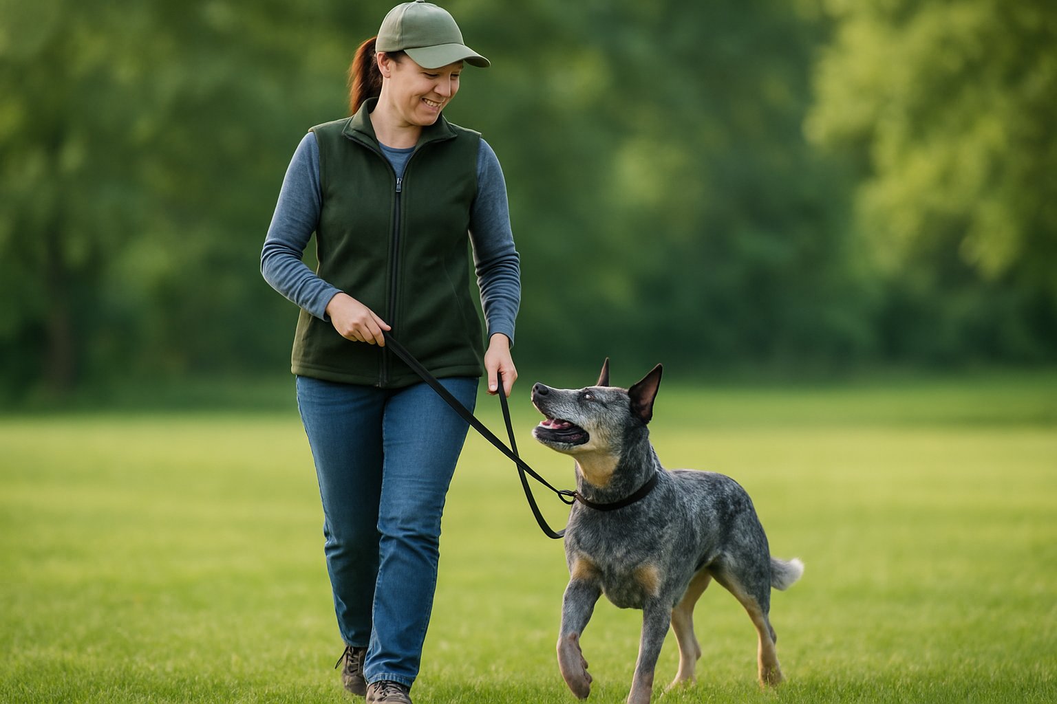 A person walking an Australian Stumpy Tail Cattle dog on a leash in a green outdoor area, with the dog walking calmly beside them.