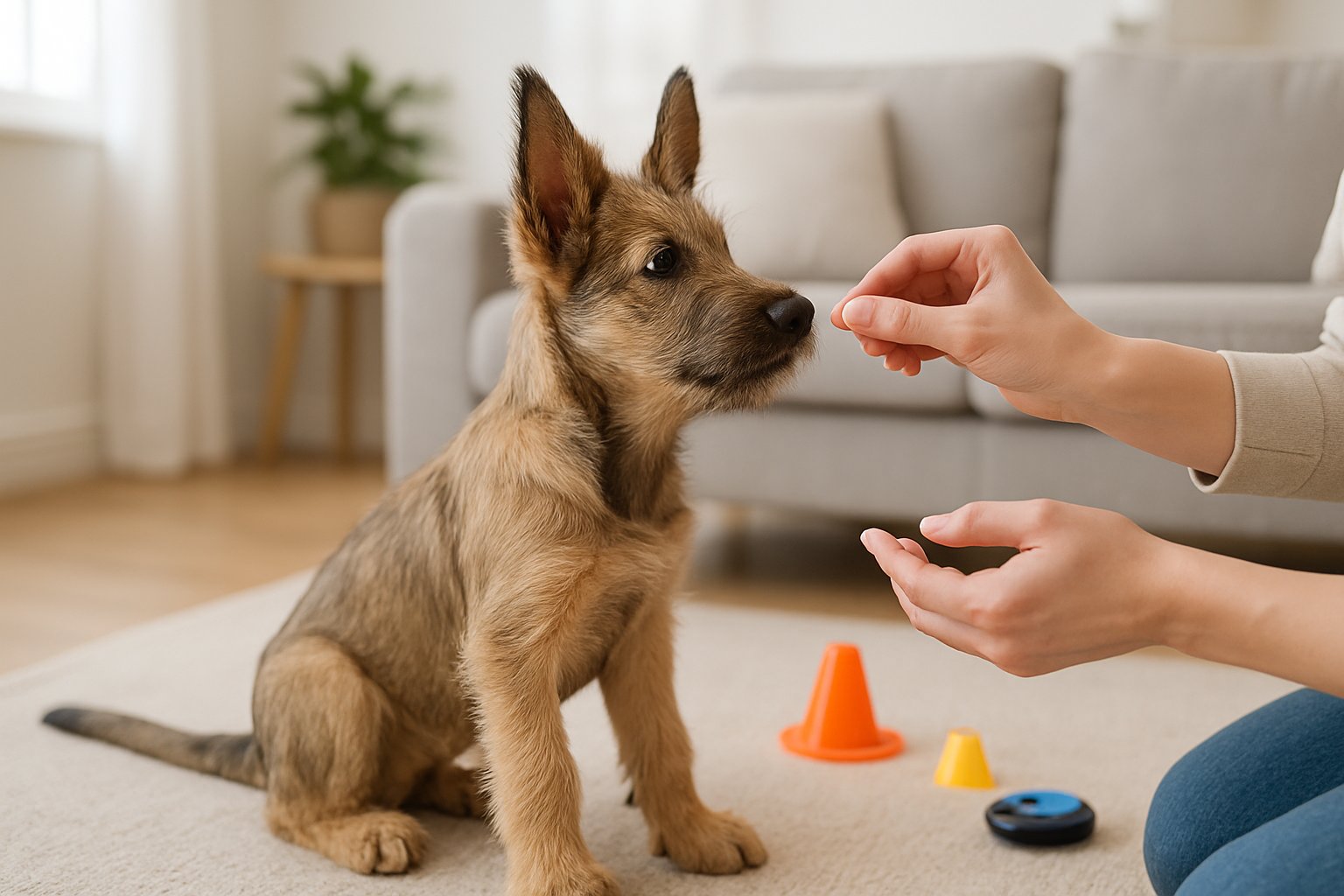 A young Berger Picard puppy attentively interacting with a person indoors during early training.