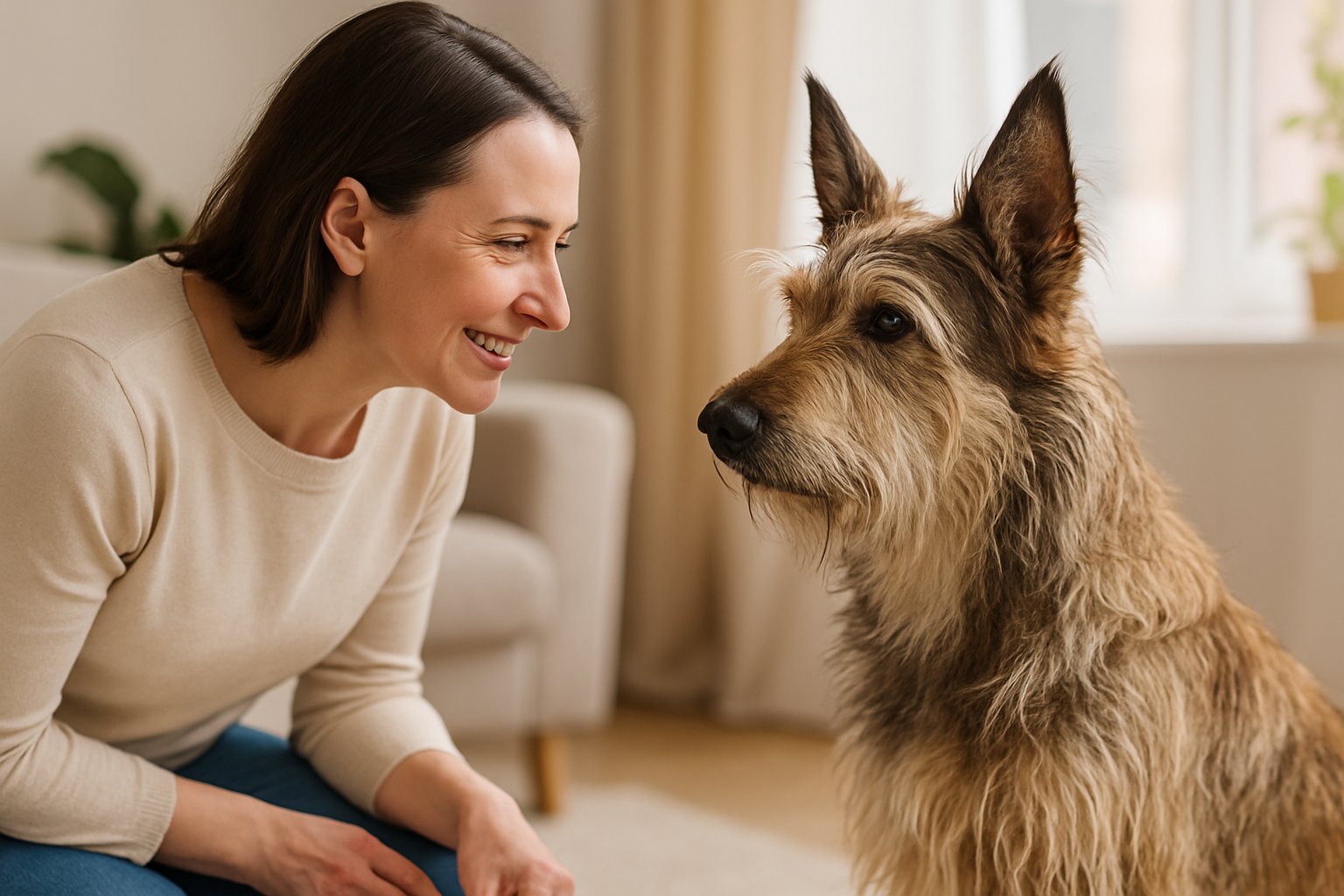 A person kneeling beside a Berger Picard dog indoors, showing gentle interaction and encouragement.