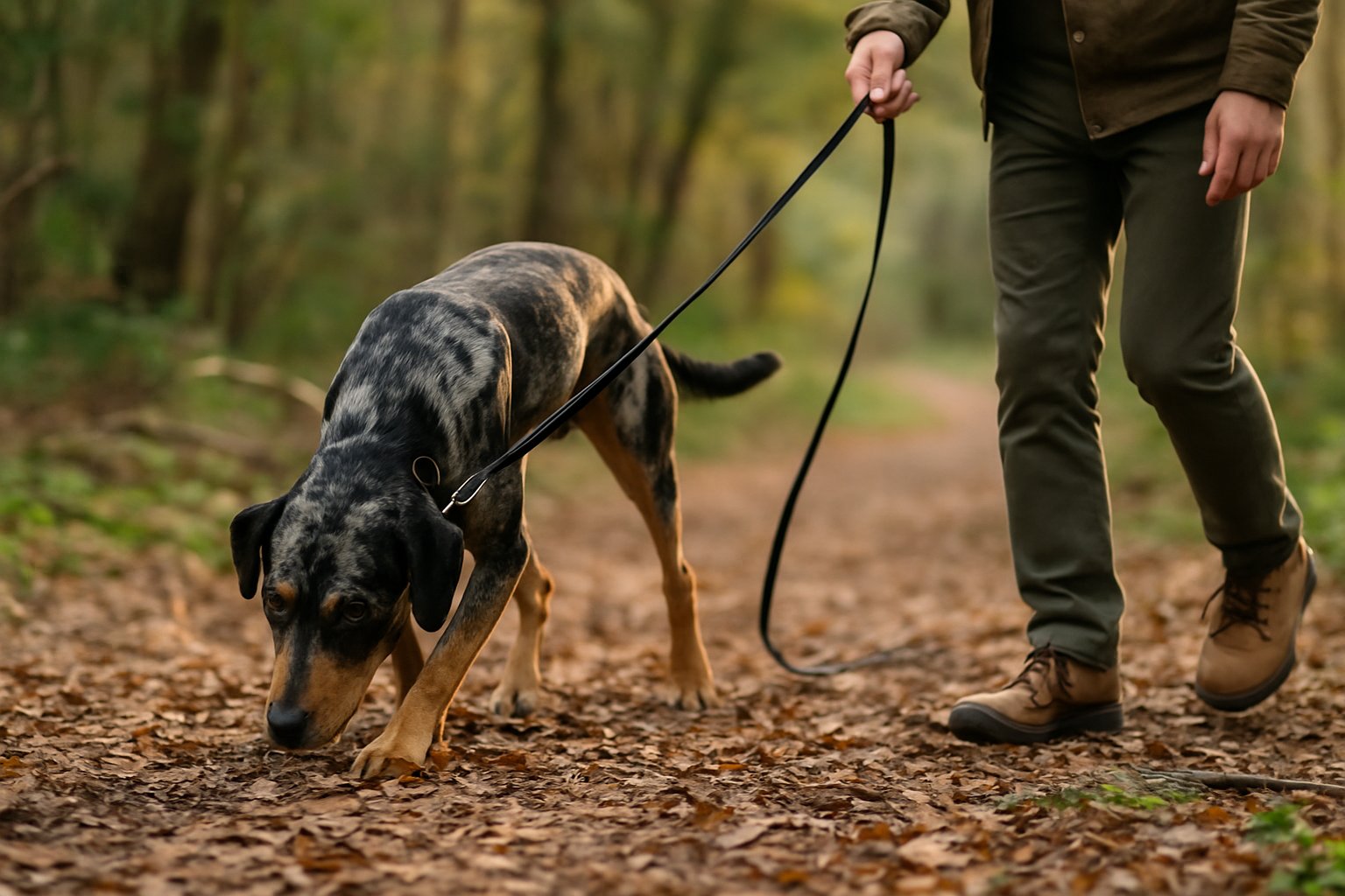 A Catahoula Leopard Dog sniffing the ground in a forested area with a person guiding it on a leash.