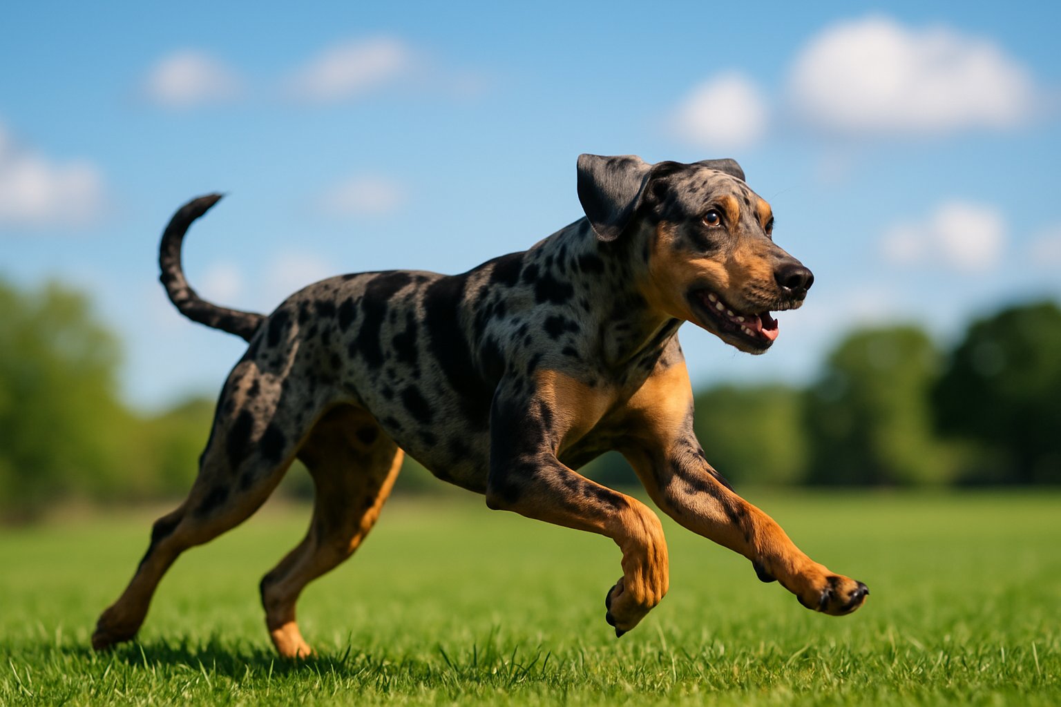 A Catahoula Leopard dog running energetically across a green field on a sunny day.