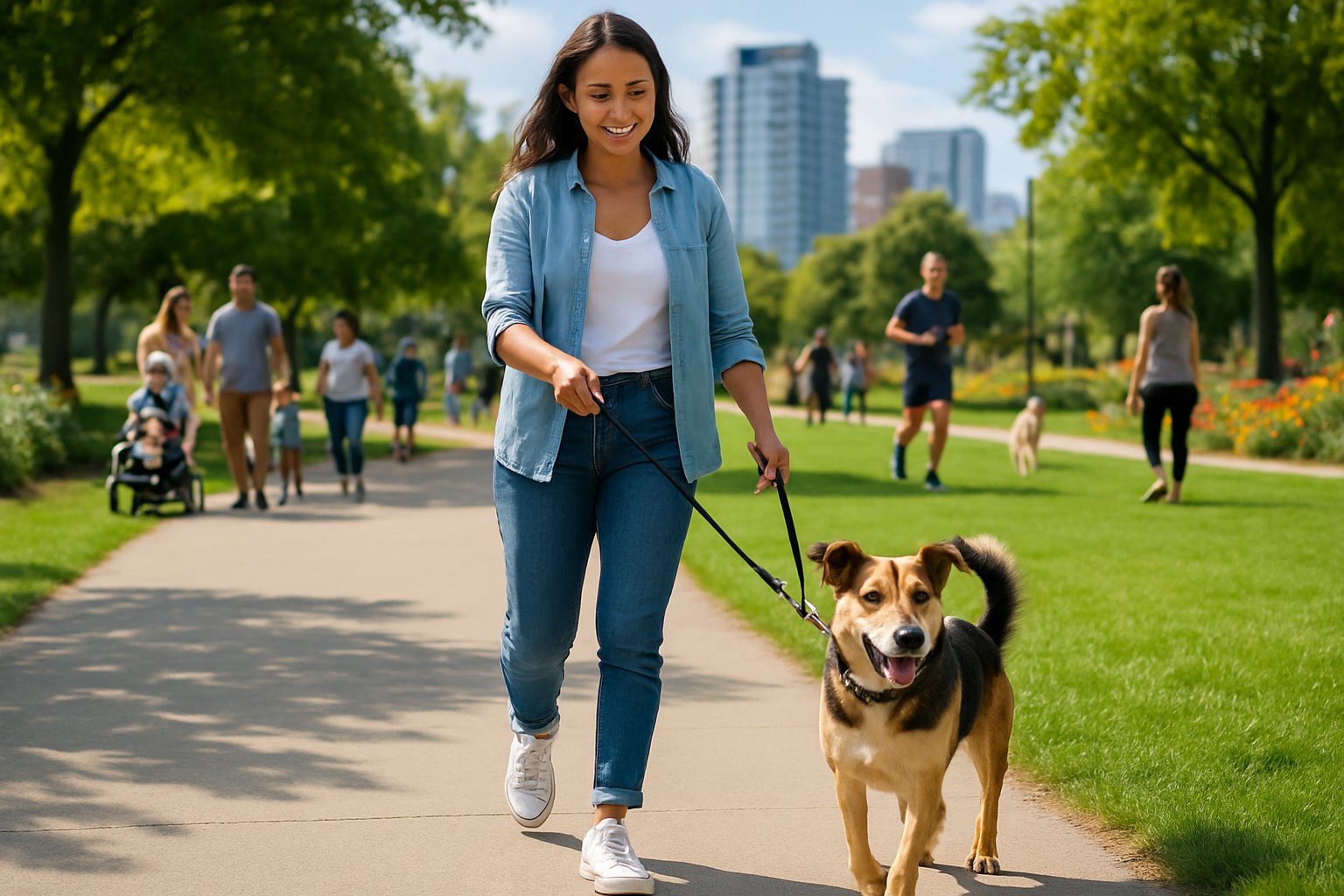 A young woman walking a mixed breed dog on a leash in a busy city park with people and other dogs around.