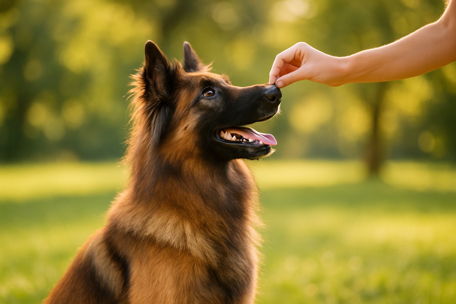 A Belgian Tervuren dog sitting attentively outdoors while receiving a treat from a person’s hand.