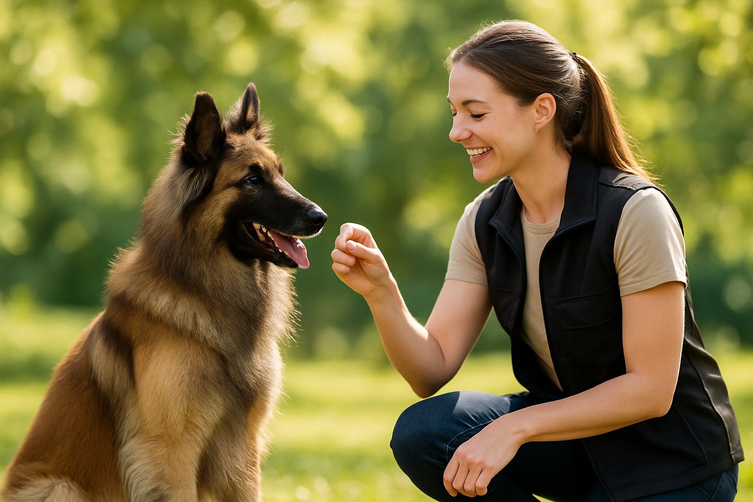A Belgian Tervuren sitting calmly next to a smiling trainer outdoors during a gentle training session.
