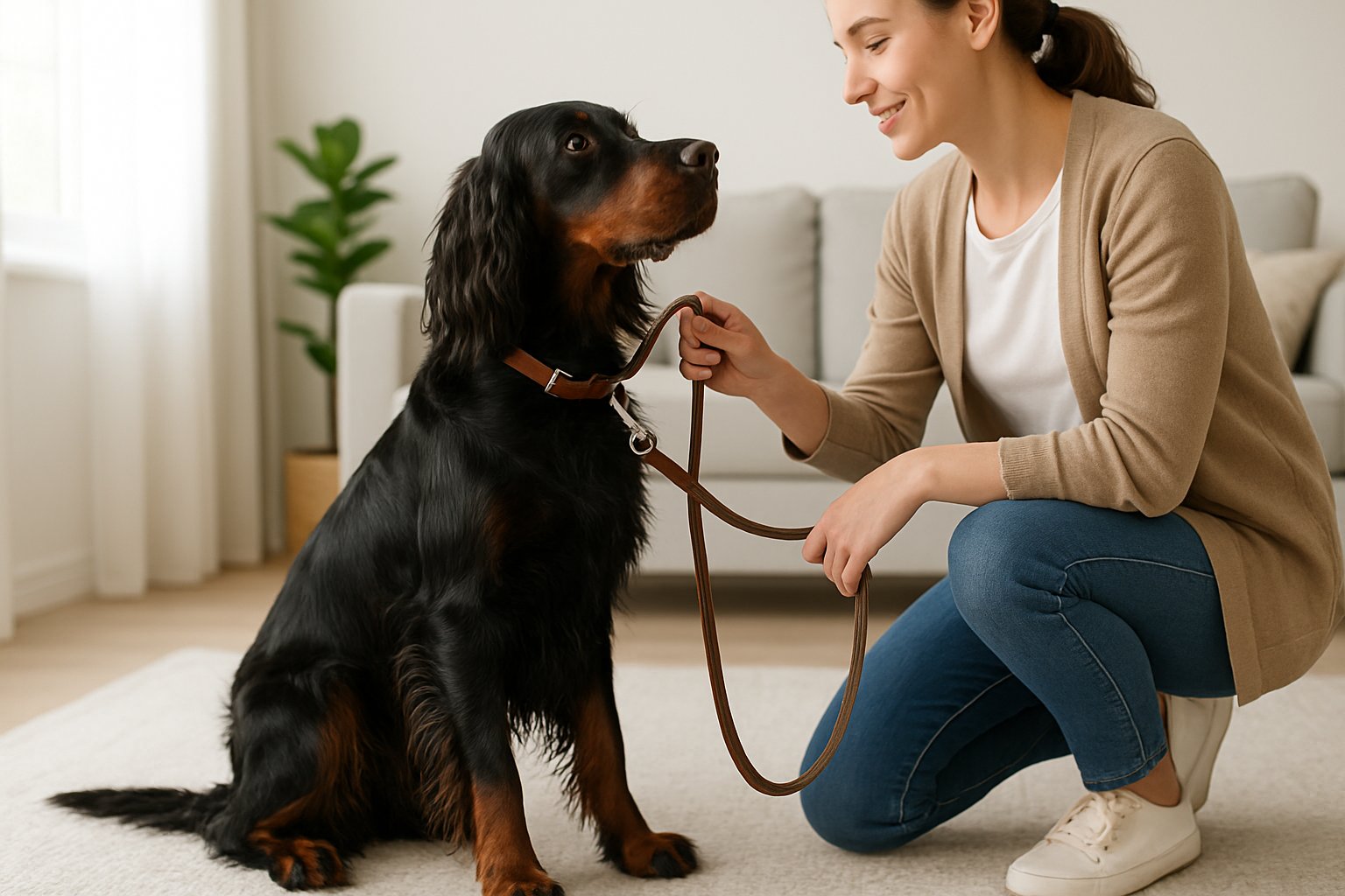A Gordon Setter dog sitting calmly indoors while a person holds its leash during a training session.