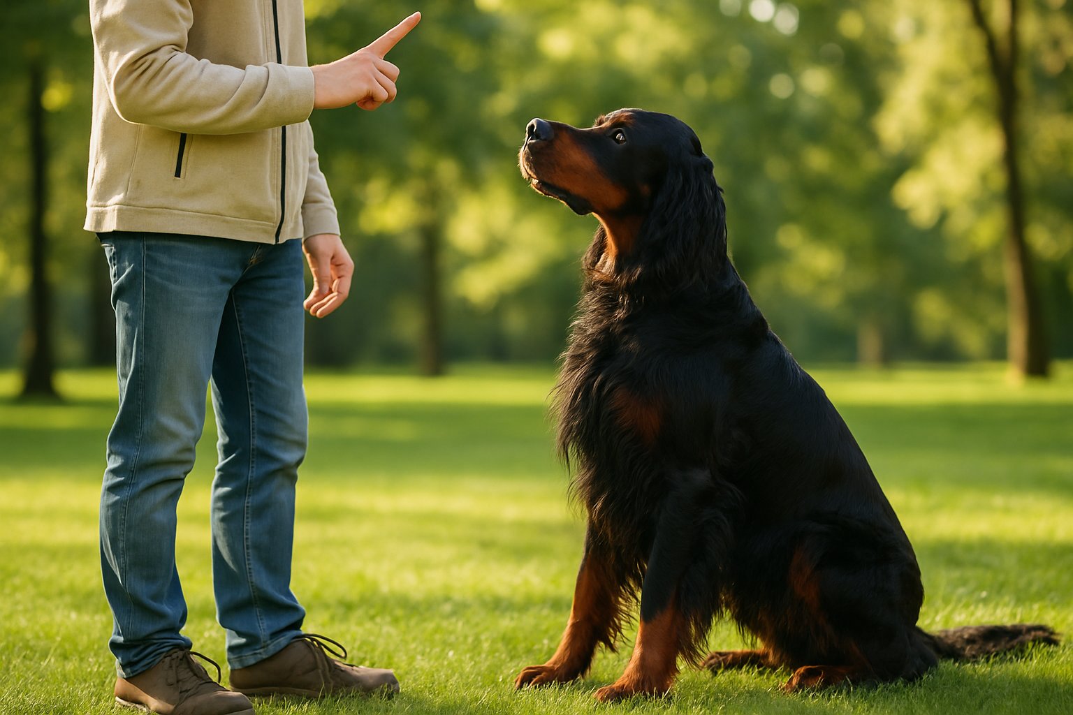 A Gordon Setter dog sitting attentively next to a trainer giving hand signals outdoors in a park.