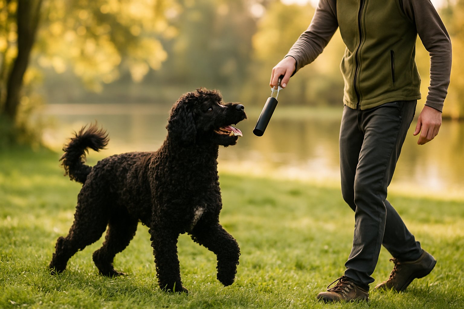 A Portuguese Water Dog attentively interacting with a trainer outdoors near a lake, standing on grass with trees in the background.