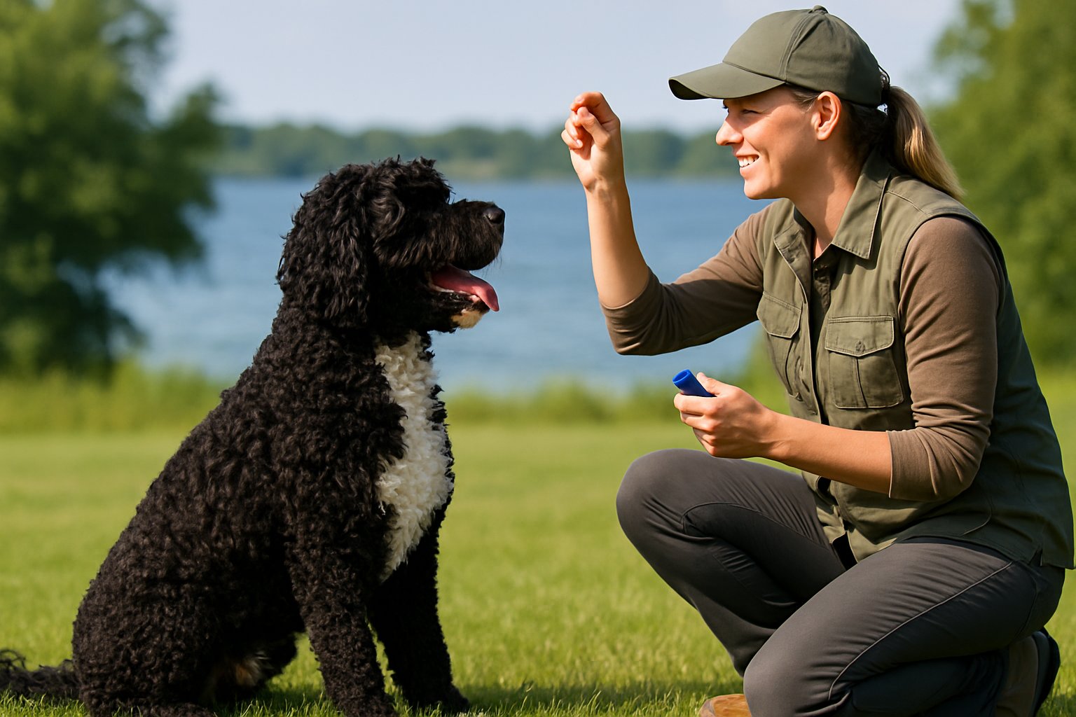 A Portuguese Water Dog sitting attentively on grass near water while a trainer holds a treat and clicker, showing positive training.