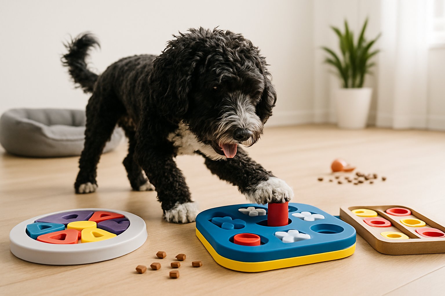 A Portuguese Water Dog playing with puzzle toys and training games indoors, appearing energetic and focused.