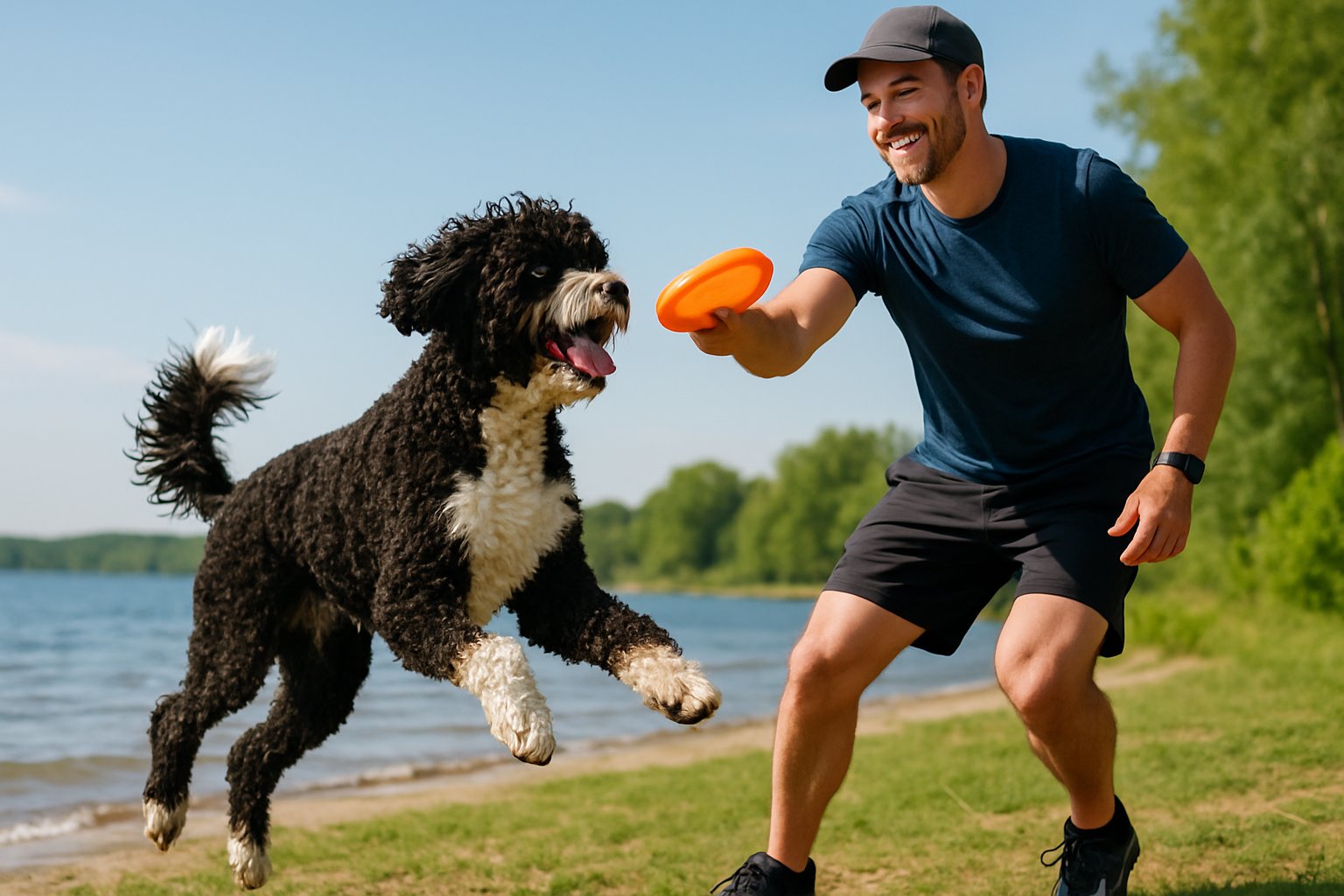 A Portuguese Water Dog playing and exercising near a lake with a person holding a toy, outdoors on a sunny day.