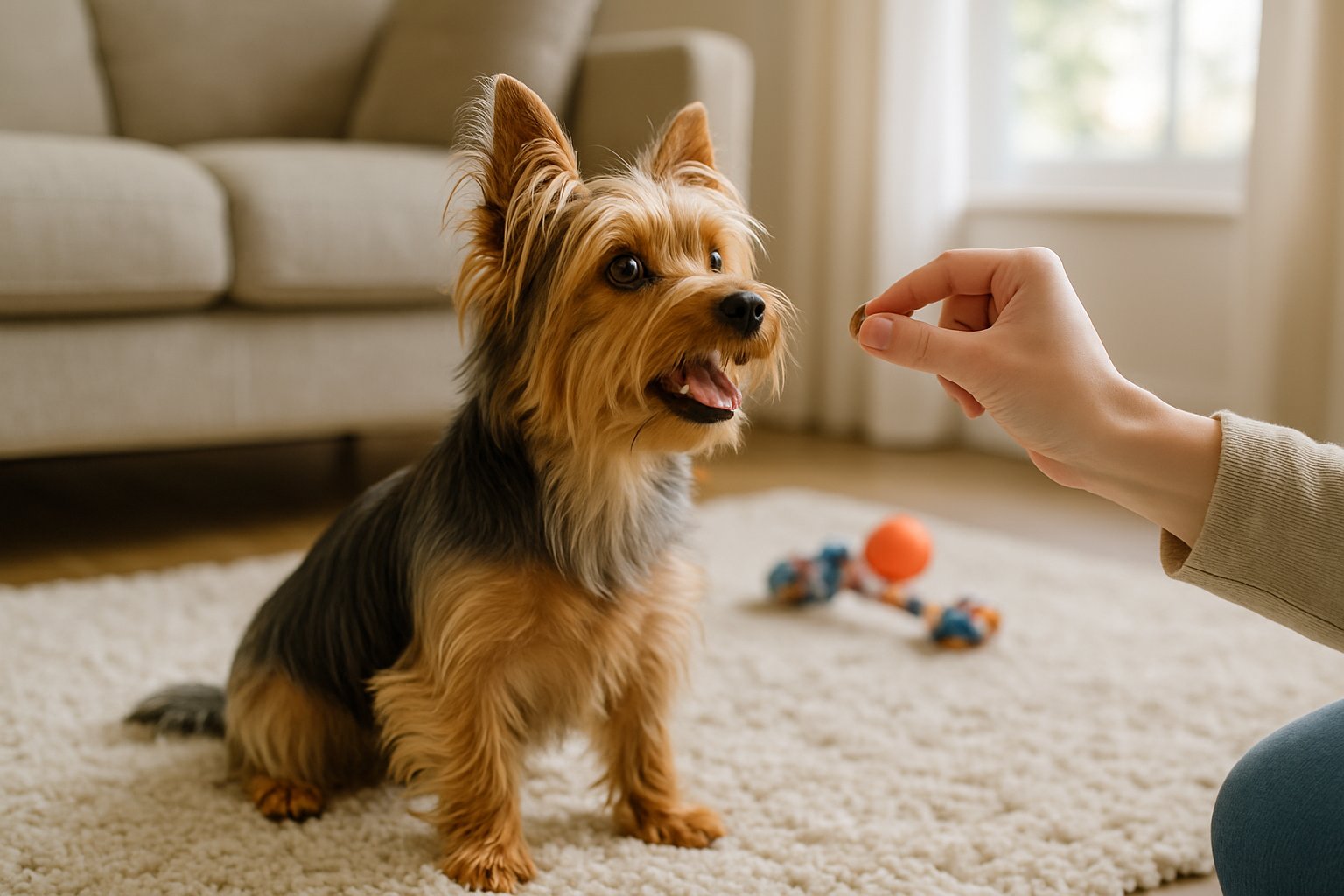 A small Silky Terrier dog attentively looking at a person holding a treat during a training session inside a cozy living room.