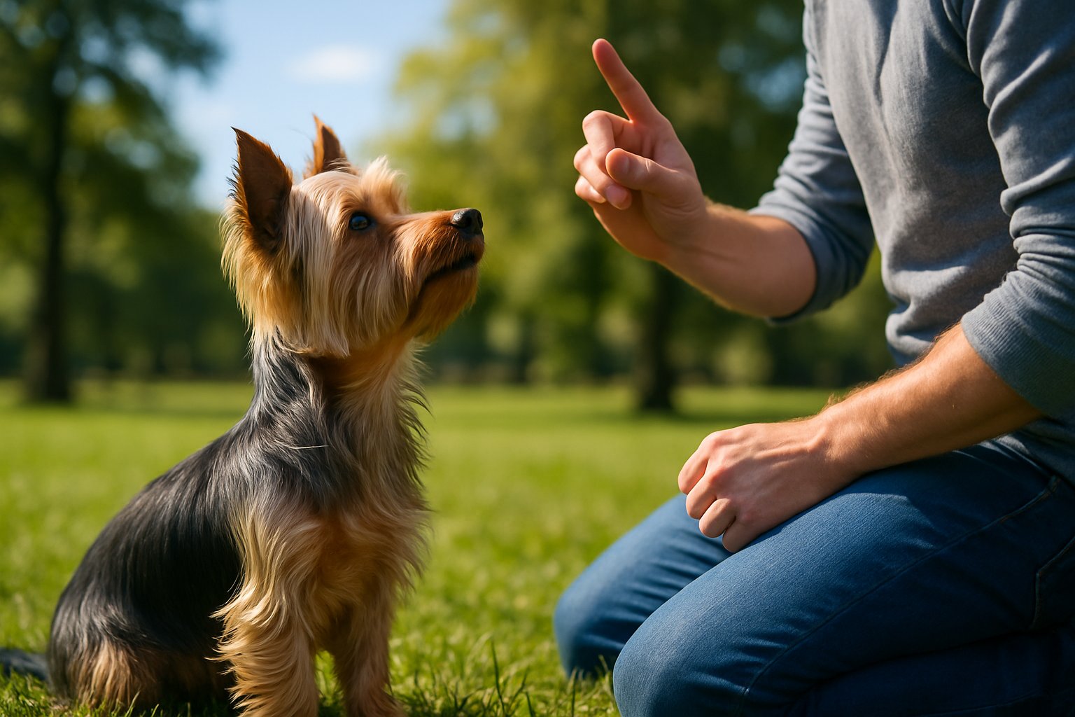A Silky Terrier dog sitting attentively on grass in a park, looking up at a person giving a command.