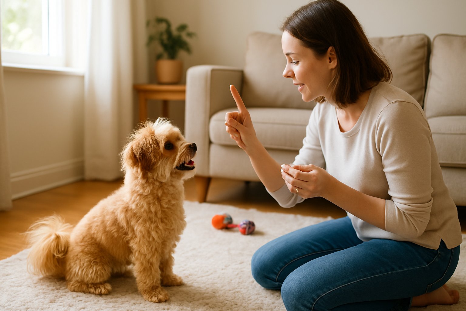 A person training a small Pomapoo dog indoors, holding a treat while the dog attentively looks up.