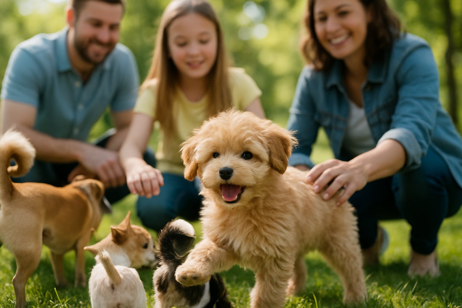 A Pomapoo puppy playing with other dogs while people watch and pet it in a sunny park.