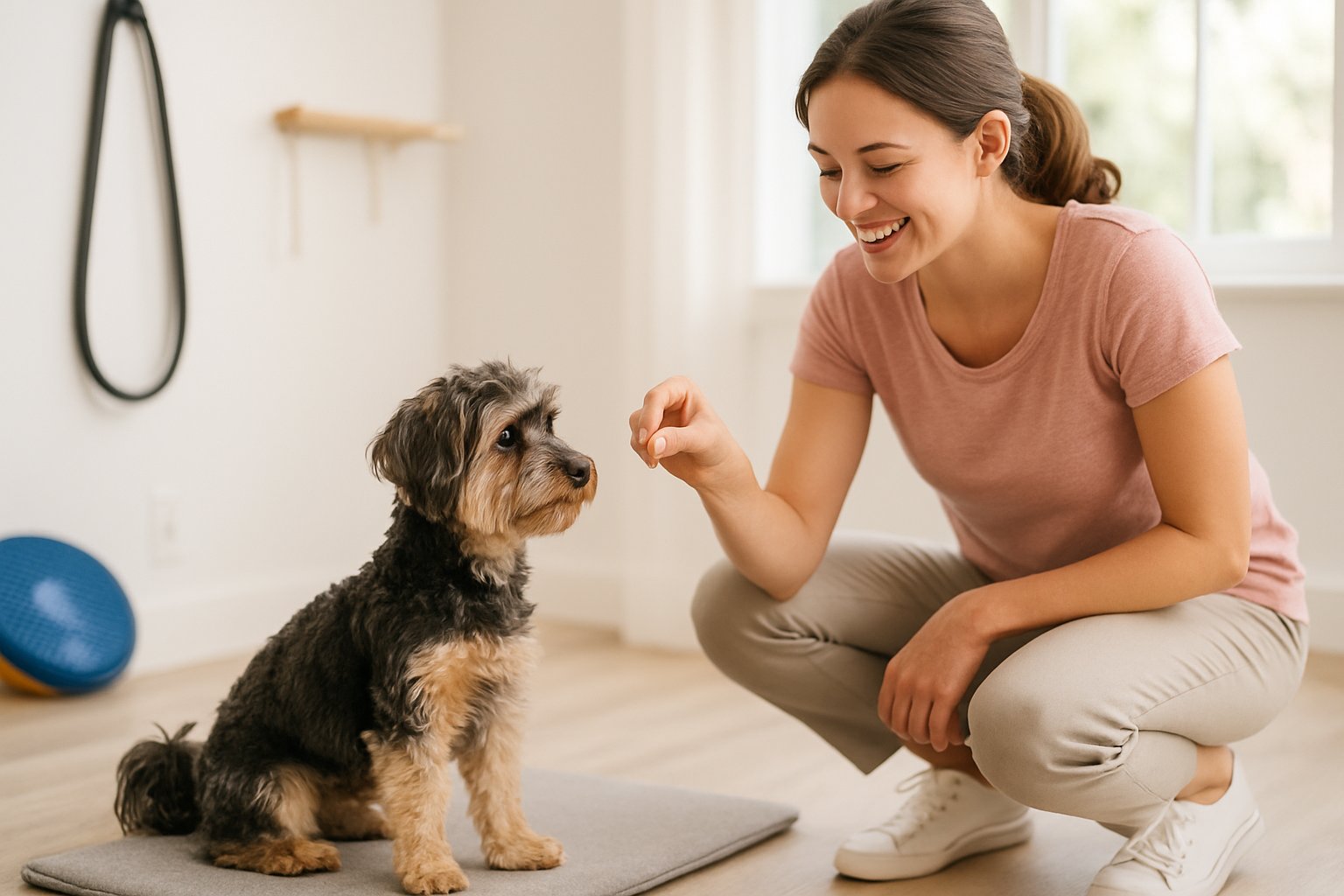 A Yorkipoo dog sitting attentively next to a smiling trainer who is offering a treat during a training session indoors.