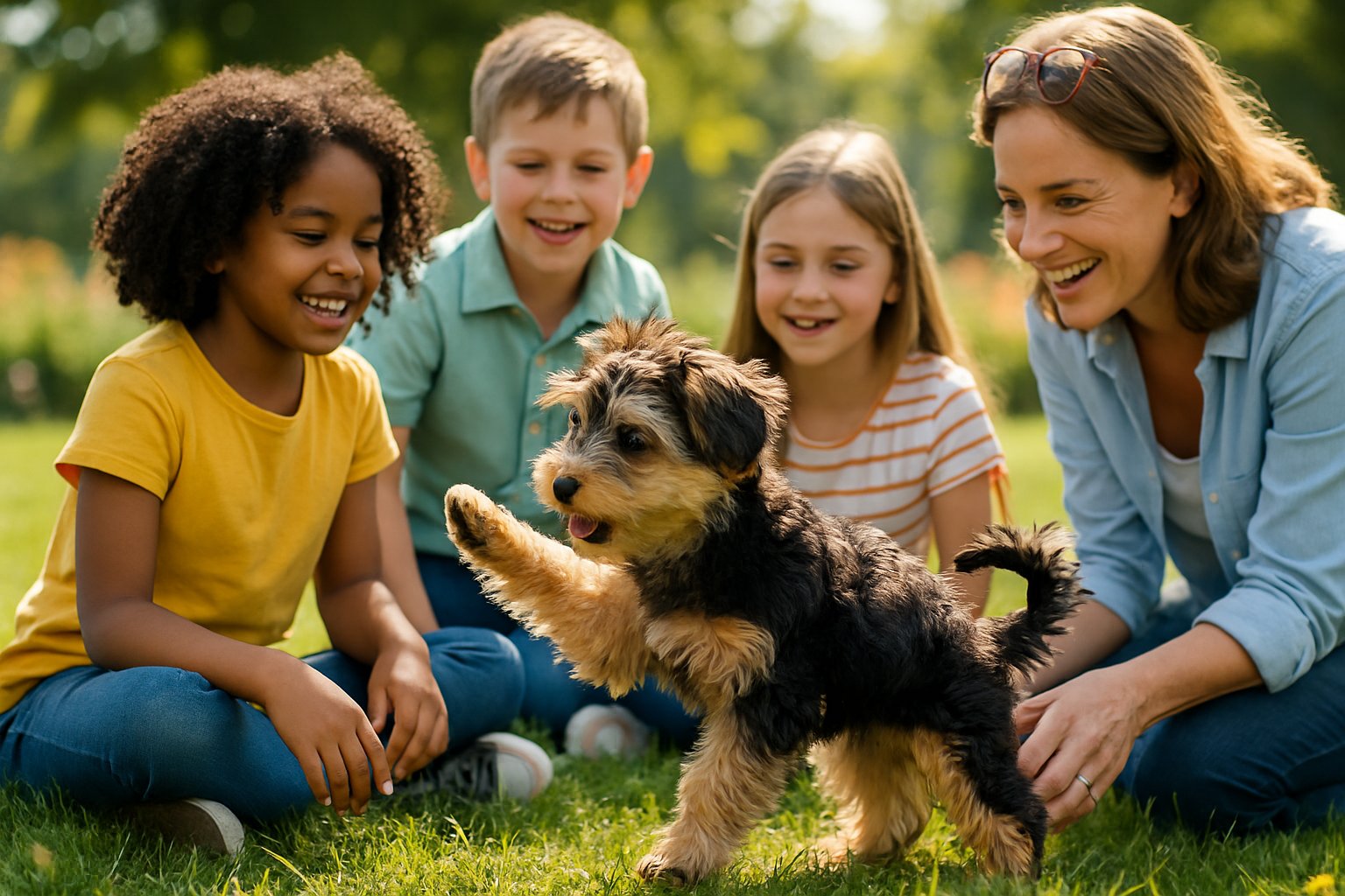A Yorkipoo puppy playing and socializing with children and adults in a sunny park.