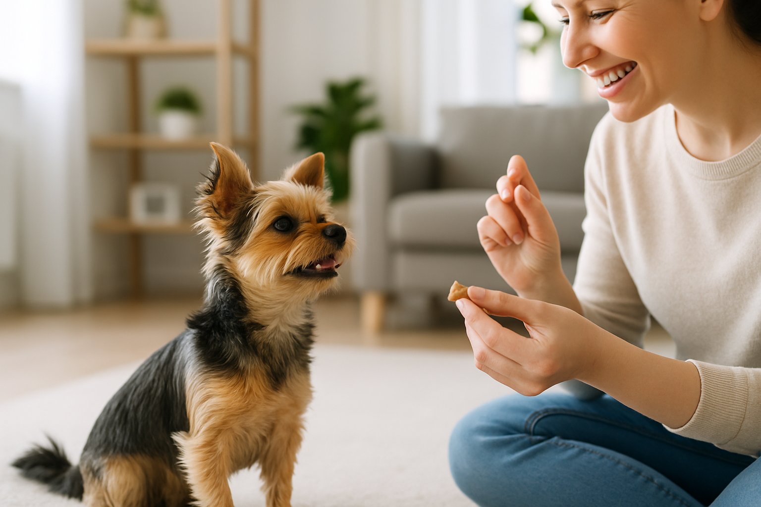 A small Chorkie dog sitting attentively as a person offers it a treat and praise in a bright living room.