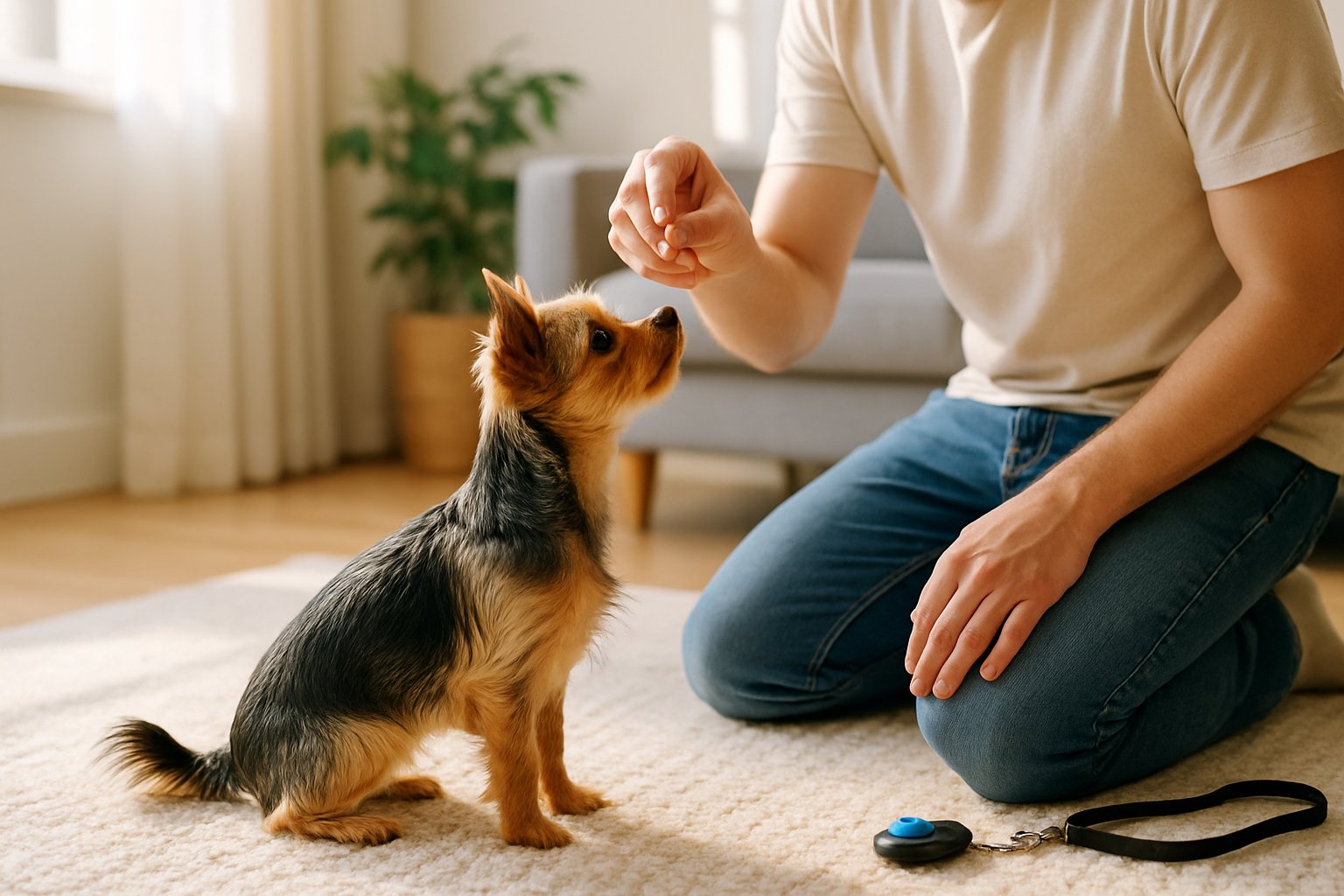A small Chorkie dog attentively sitting on a rug while its owner holds a treat during a training session in a bright living room.
