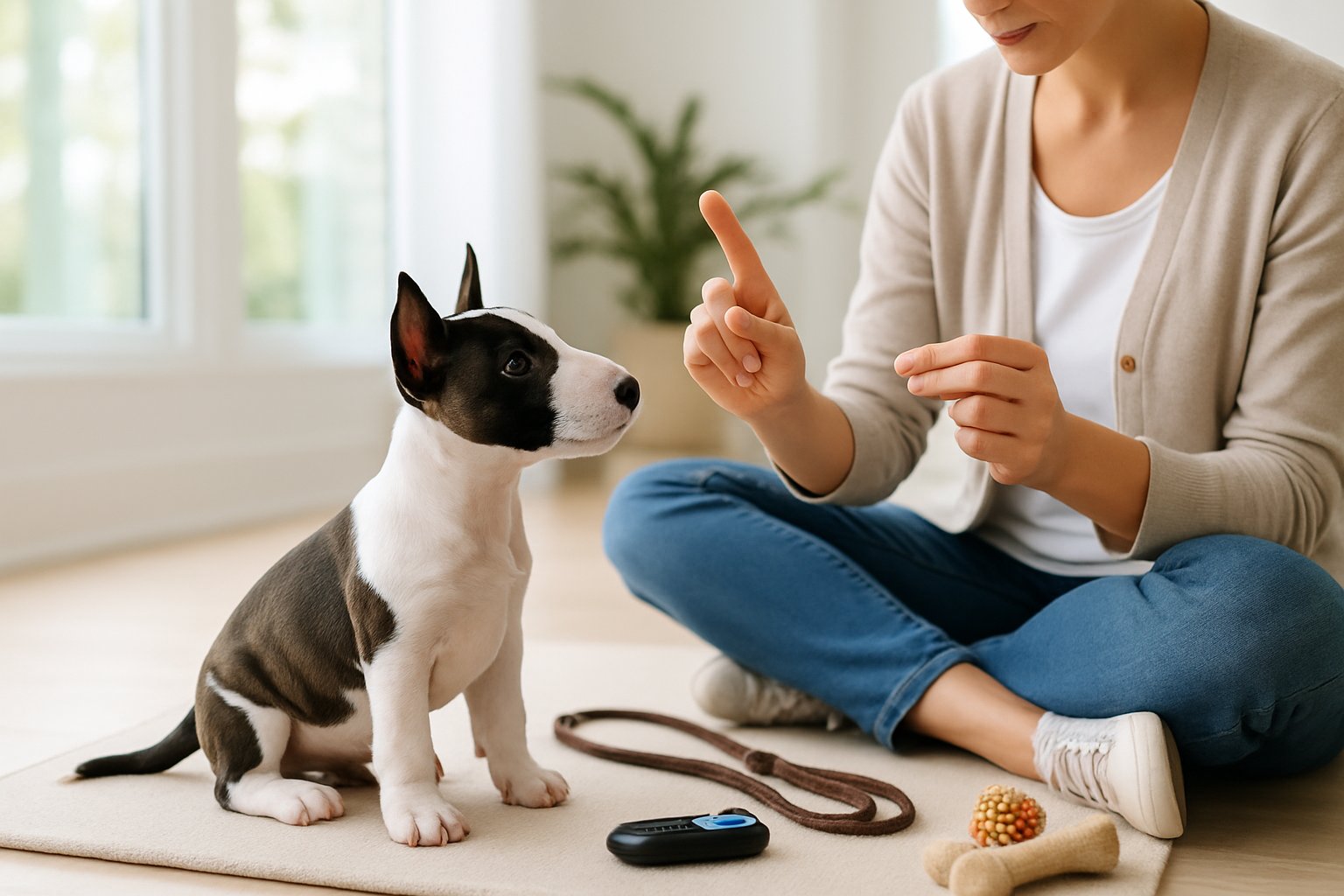 A young Miniature Bull Terrier puppy sitting attentively while being trained by a person indoors.