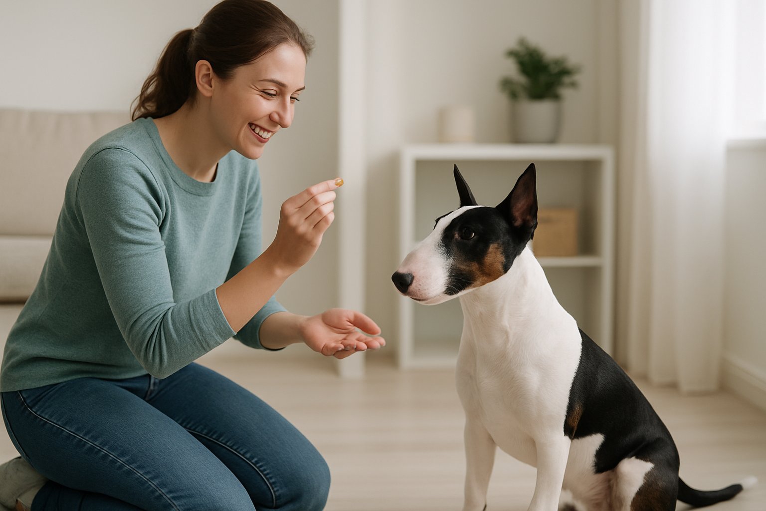 A Miniature Bull Terrier calmly interacting with a trainer who is offering a treat in a bright indoor setting.