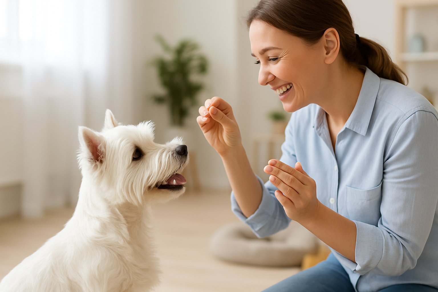 A West Highland White Terrier sitting attentively while a person offers a treat and praises the dog indoors.