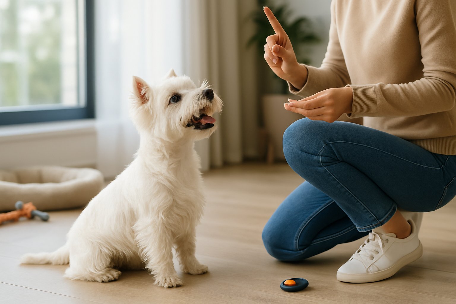 A West Highland White Terrier attentively following training commands from a person indoors.