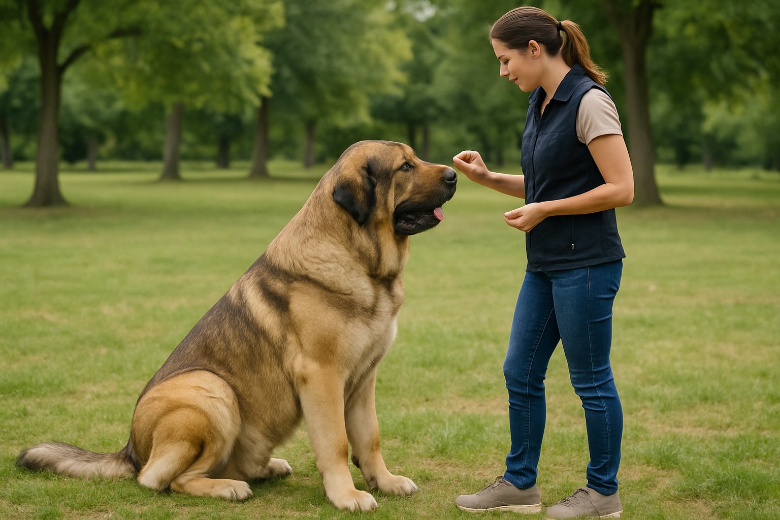 A trainer calmly interacting with a large Spanish Mastiff dog outdoors during a training session.