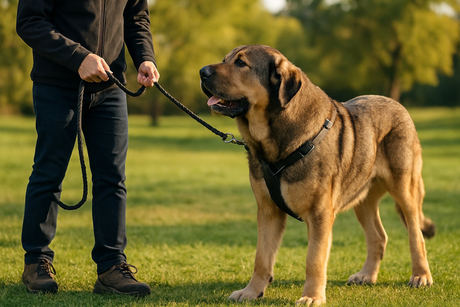 A person training a large Spanish Mastiff dog on a leash outdoors in a grassy area.