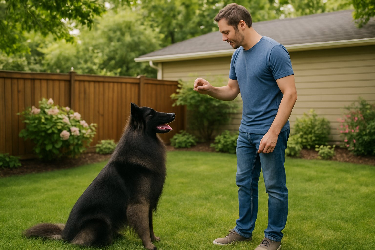 A Belgian Sheepdog attentively sitting near its owner in a quiet, green backyard during a training session.