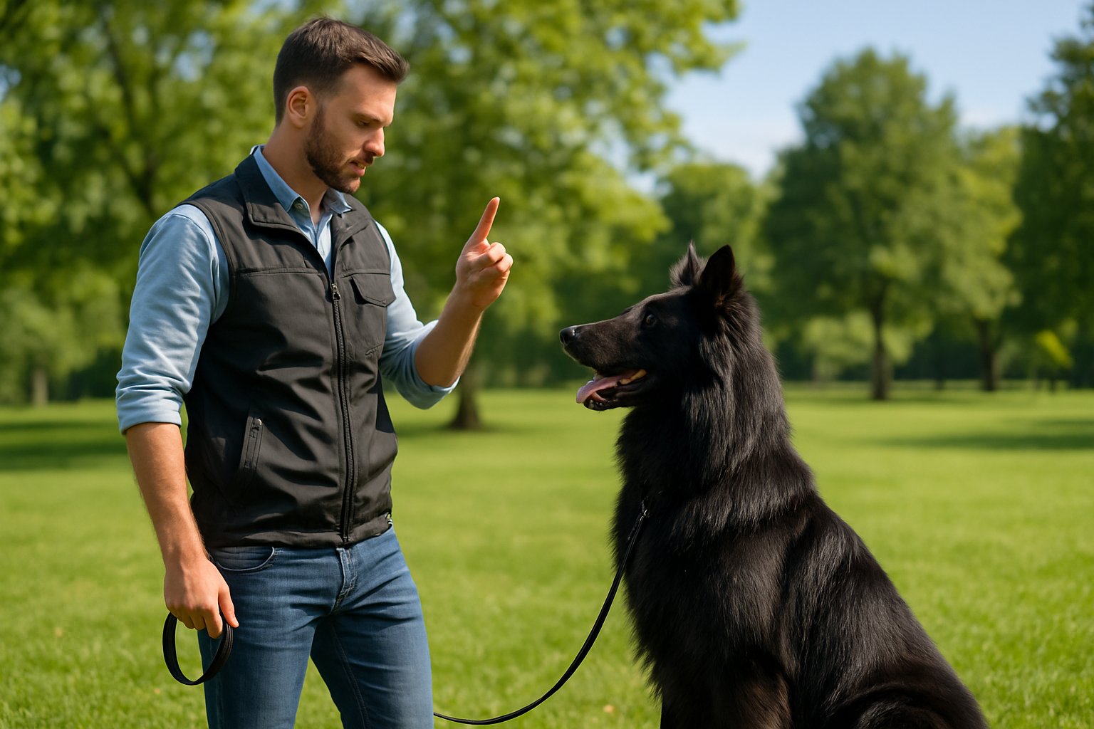 A Belgian Sheepdog sitting attentively next to a dog trainer in a green park.