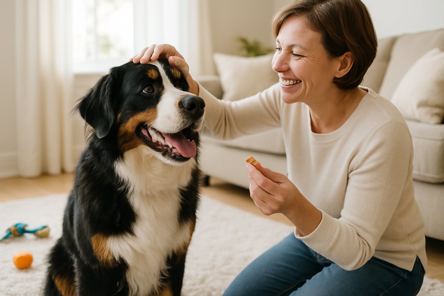 A person giving a treat and praising a Bernese Mountain Dog that is sitting attentively indoors.