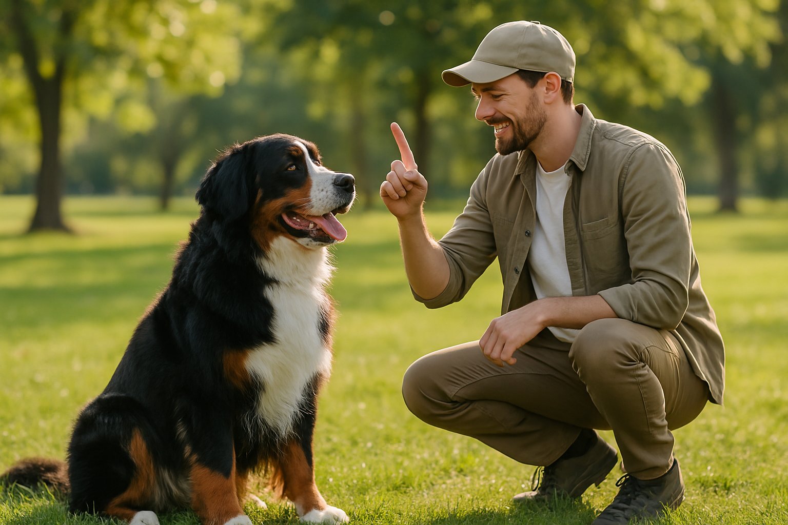 A Bernese Mountain Dog sitting attentively next to a dog trainer in a sunny park, demonstrating obedience training.