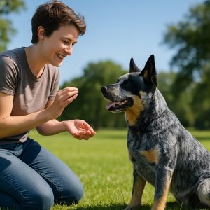 A person kneels on grass, smiling and holding a treat while training their energetic Australian Cattle Dog outdoors on a sunny day.