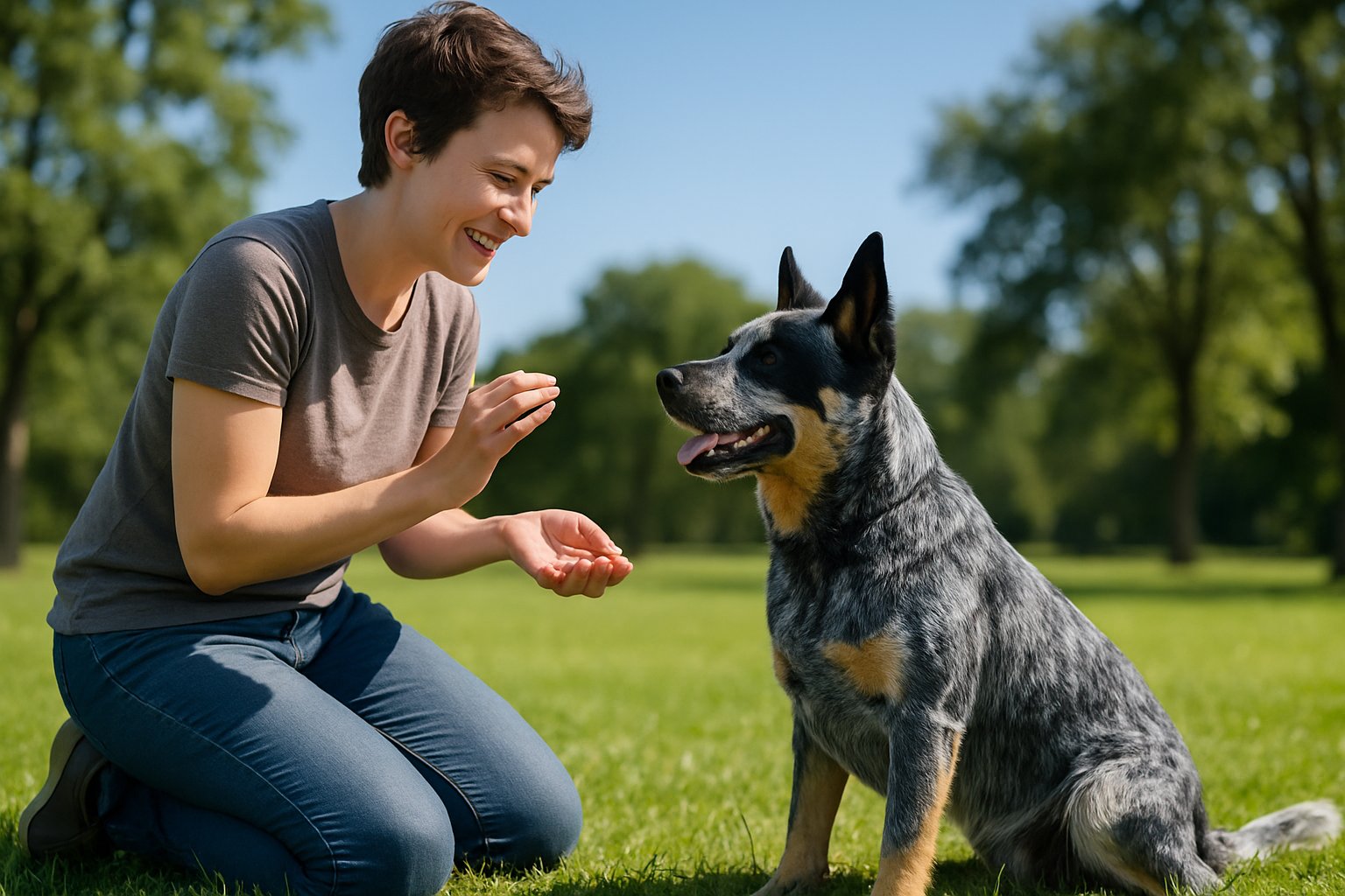 A person giving treats and praise to an attentive Australian Cattle Dog sitting on grass in a sunny park.