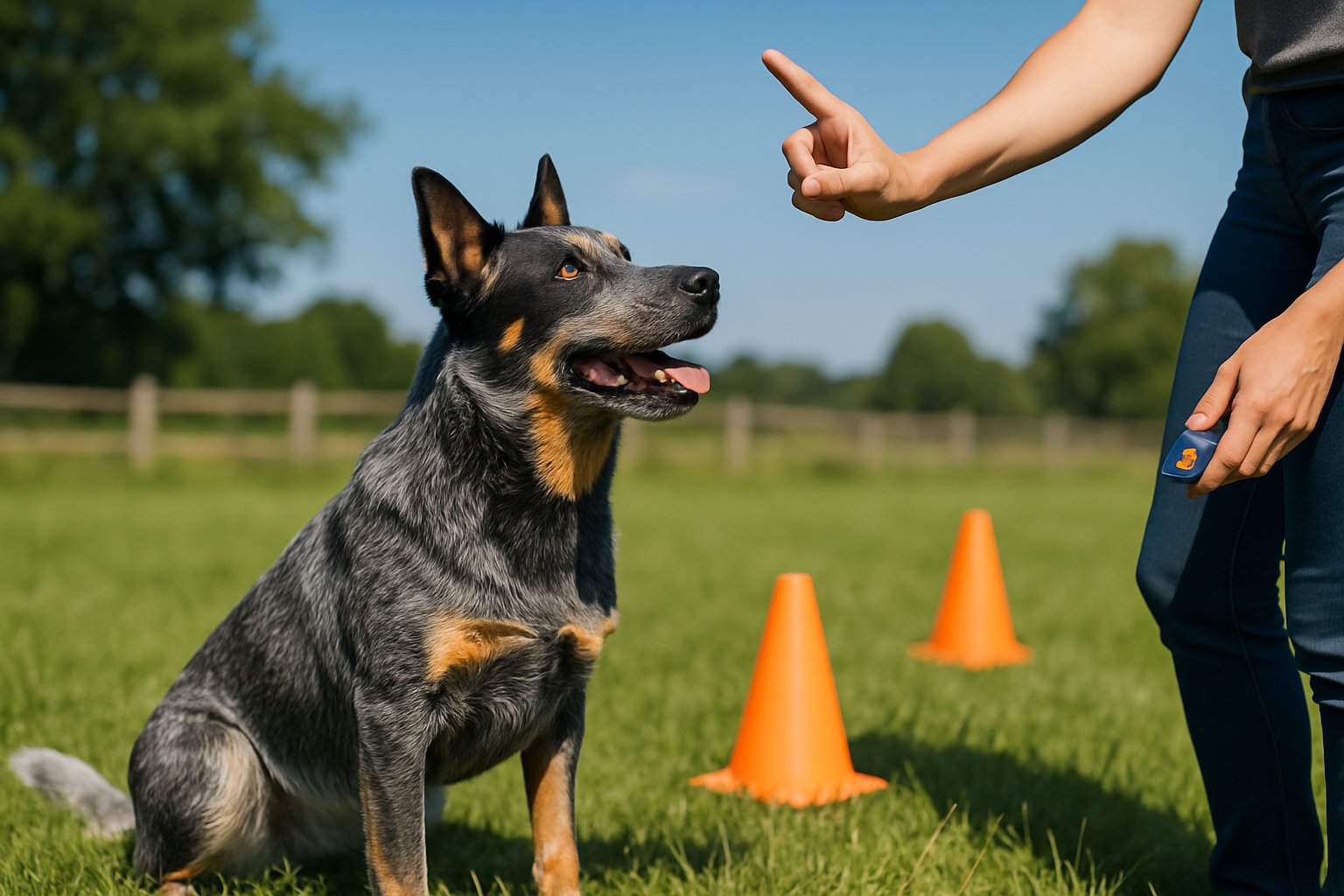 An Australian cattle dog attentively responding to a trainer's hand signals in a grassy outdoor field with training tools nearby.