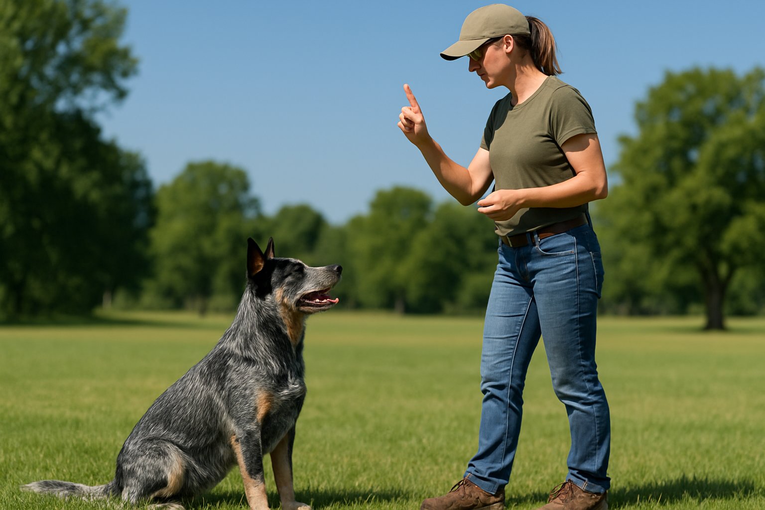 An Australian Cattle Dog sitting attentively next to a trainer in a grassy park during a training session.