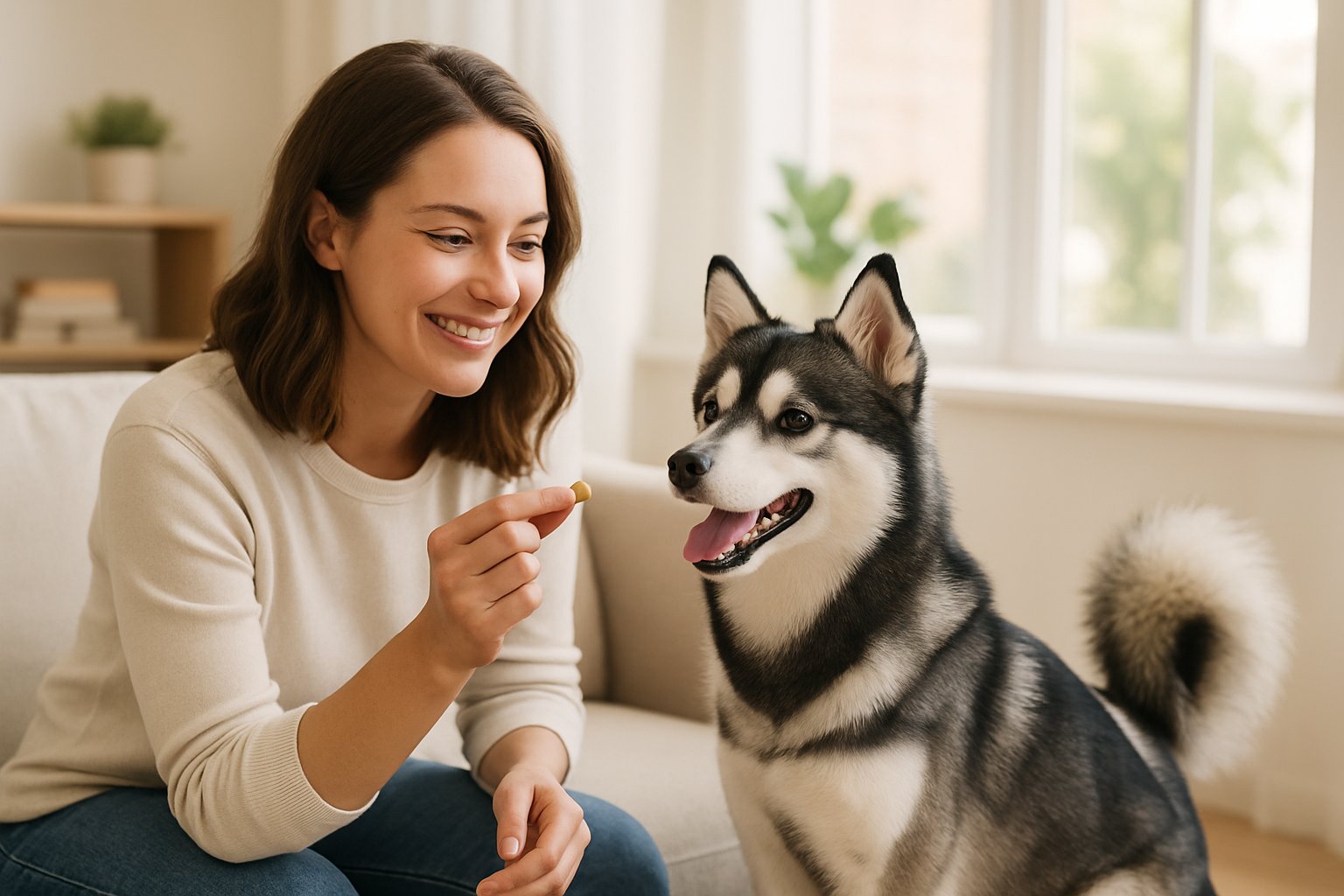 An Alaska Klee Kai dog sitting attentively next to its smiling owner who is holding a treat indoors.