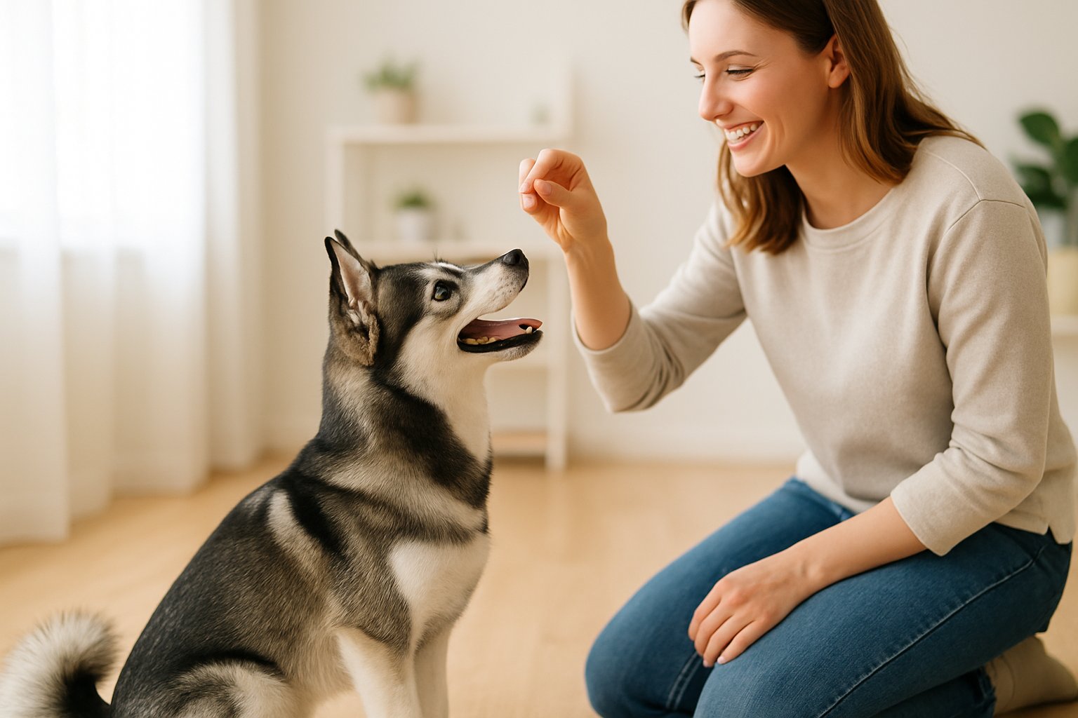 A person kneeling and training an attentive Alaska Klee Kai dog indoors, with natural light and a warm atmosphere.
