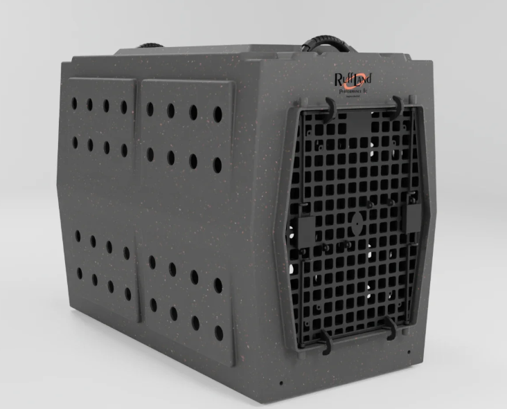 A rugged, dark gray pet kennel with ventilation holes and a secure black metal door, branded "Ruff Land" on the front, perfect as a pet shipping starter kit for safe animal transport.