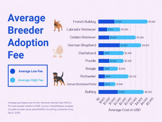 Bar chart showing average breeder adoption fees—and the overall cost to own a pet—for 10 popular dog breeds in 2025, ranging from $300 to $4,250. French Bulldog has the highest fees, while Bulldog and German Shorthaired Pointer represent the lowest costs.