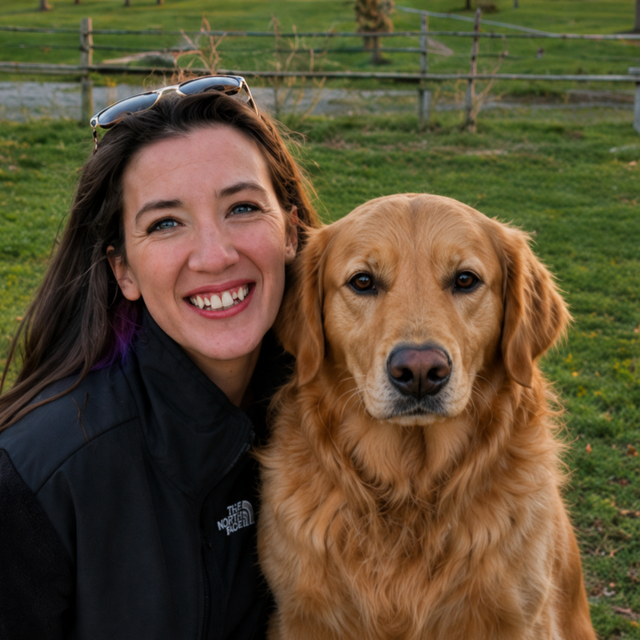 A woman with long brown hair smiles beside a golden retriever outdoors. Both are looking at the camera, with green grass and a wooden fence in the background—Abigail Hunsinger, an experienced Nationwide Pet Transporter, enjoys a peaceful moment with her furry companion.