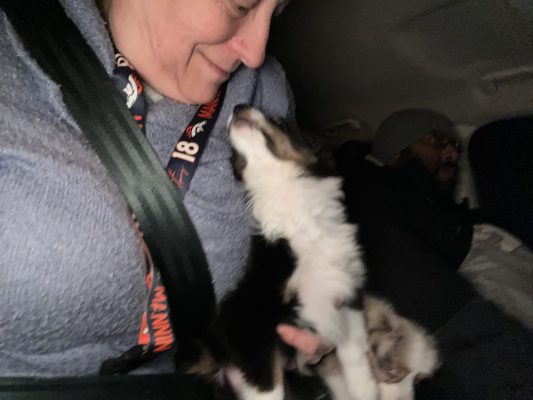 A person smiles at a small black and white puppy in their lap while sitting in a car. Another person is seated in the background, partially visible and resting.